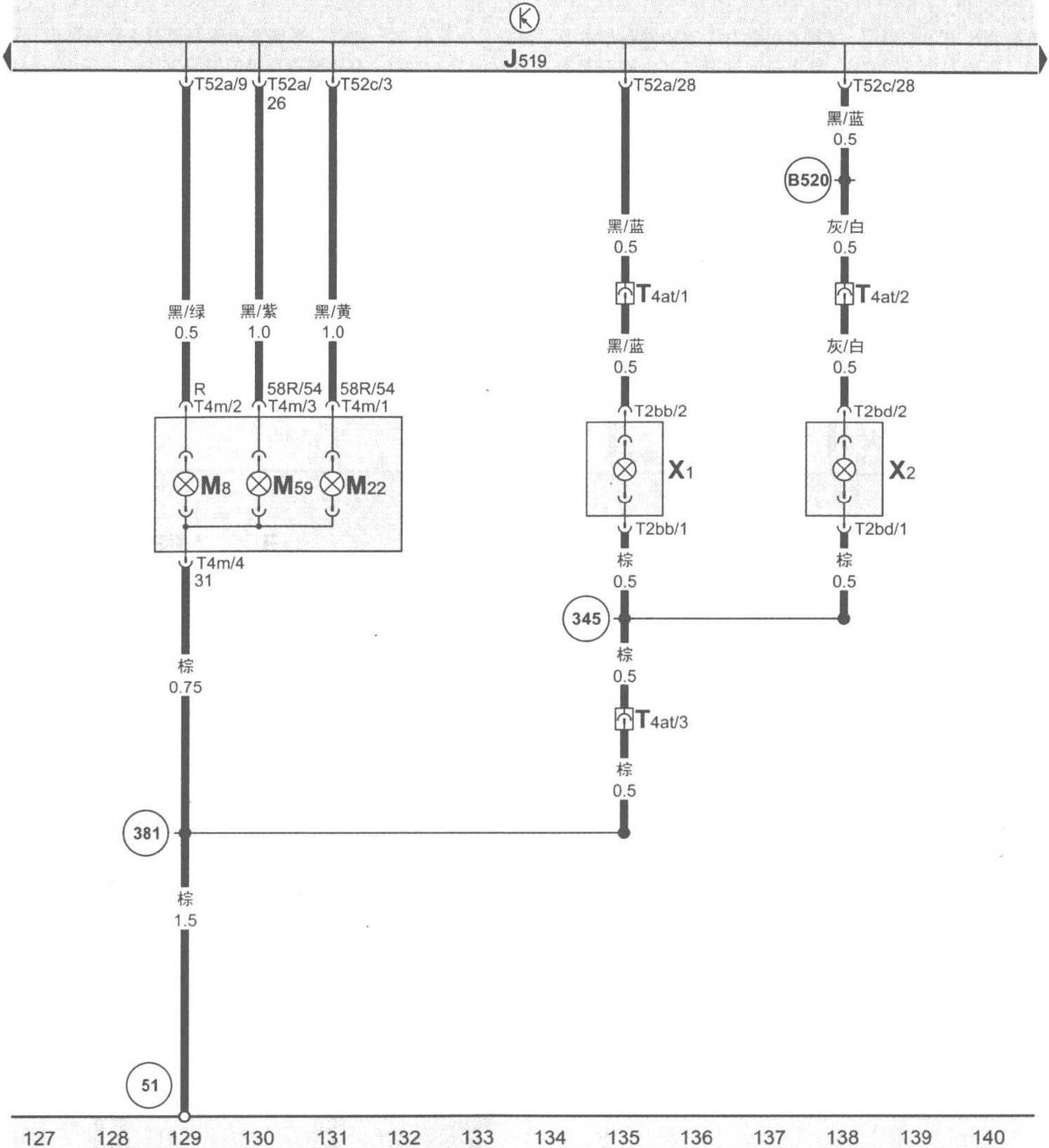 图4-4-11 车身控制单元、右后转向信号灯灯泡、右侧刹车灯和尾灯灯泡、右侧刹车灯和尾灯2灯泡、倒车灯